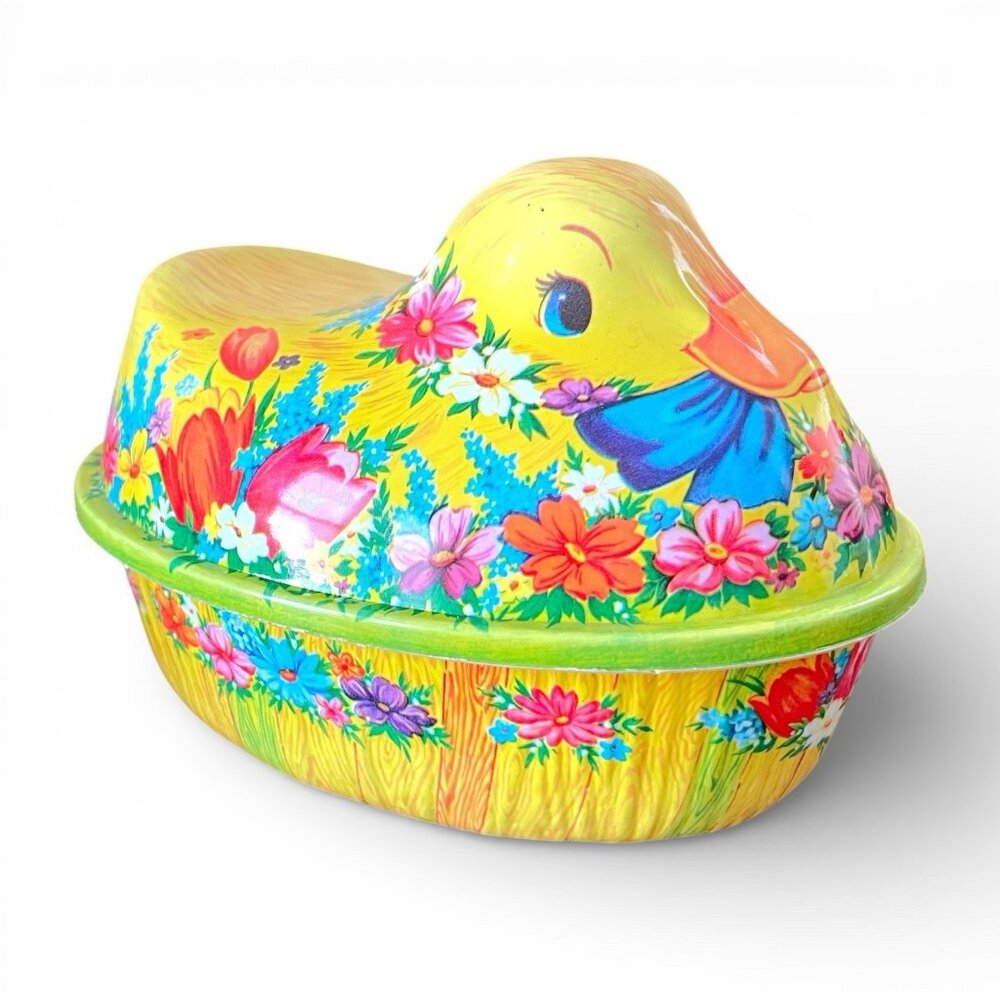 Vintage Ullman Easter Candy Container Duck on Nest Yellow Floral Molded Plastic